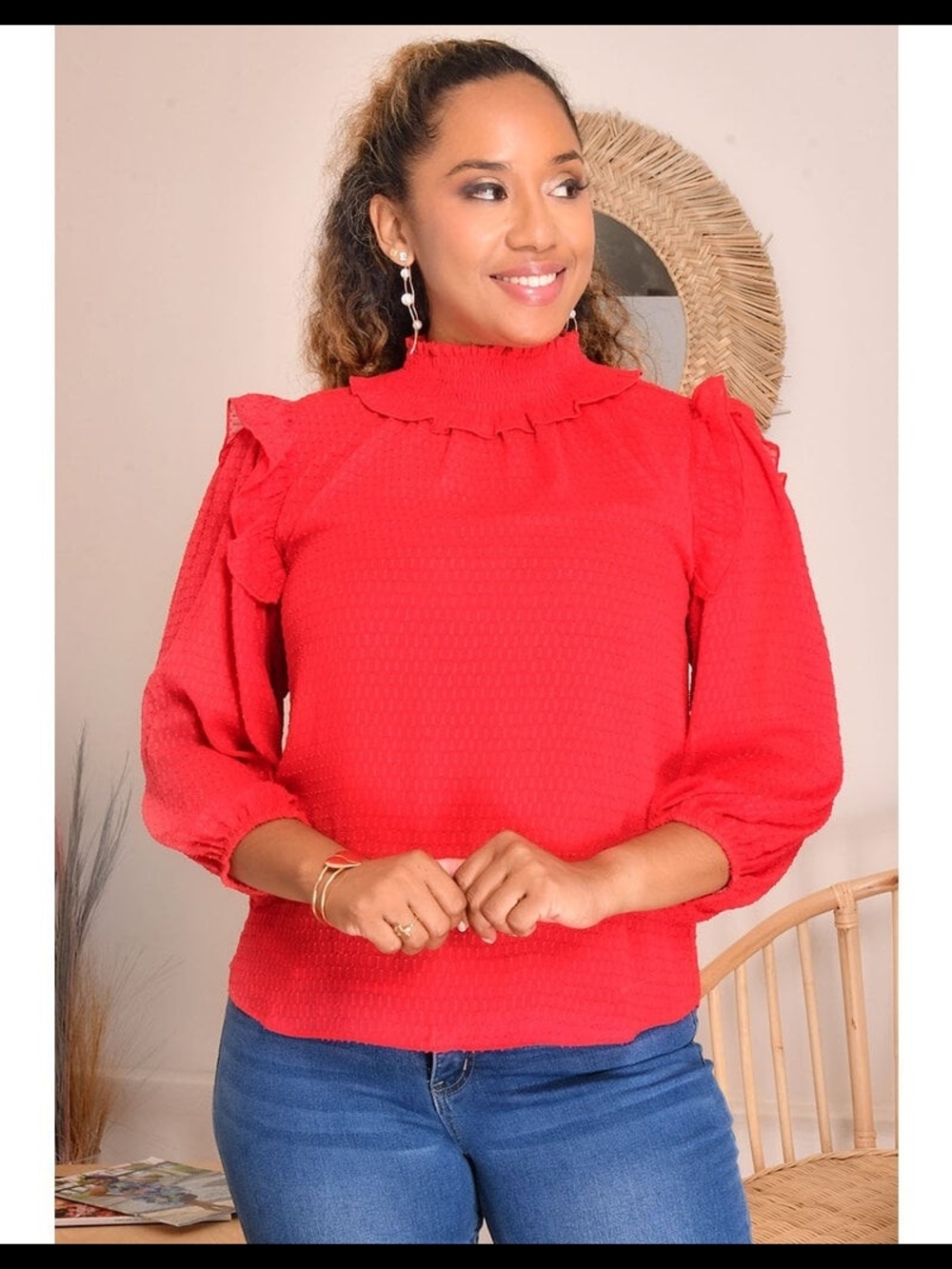 Zac & Rachel Red Ruffle Mock-Neck Blouse